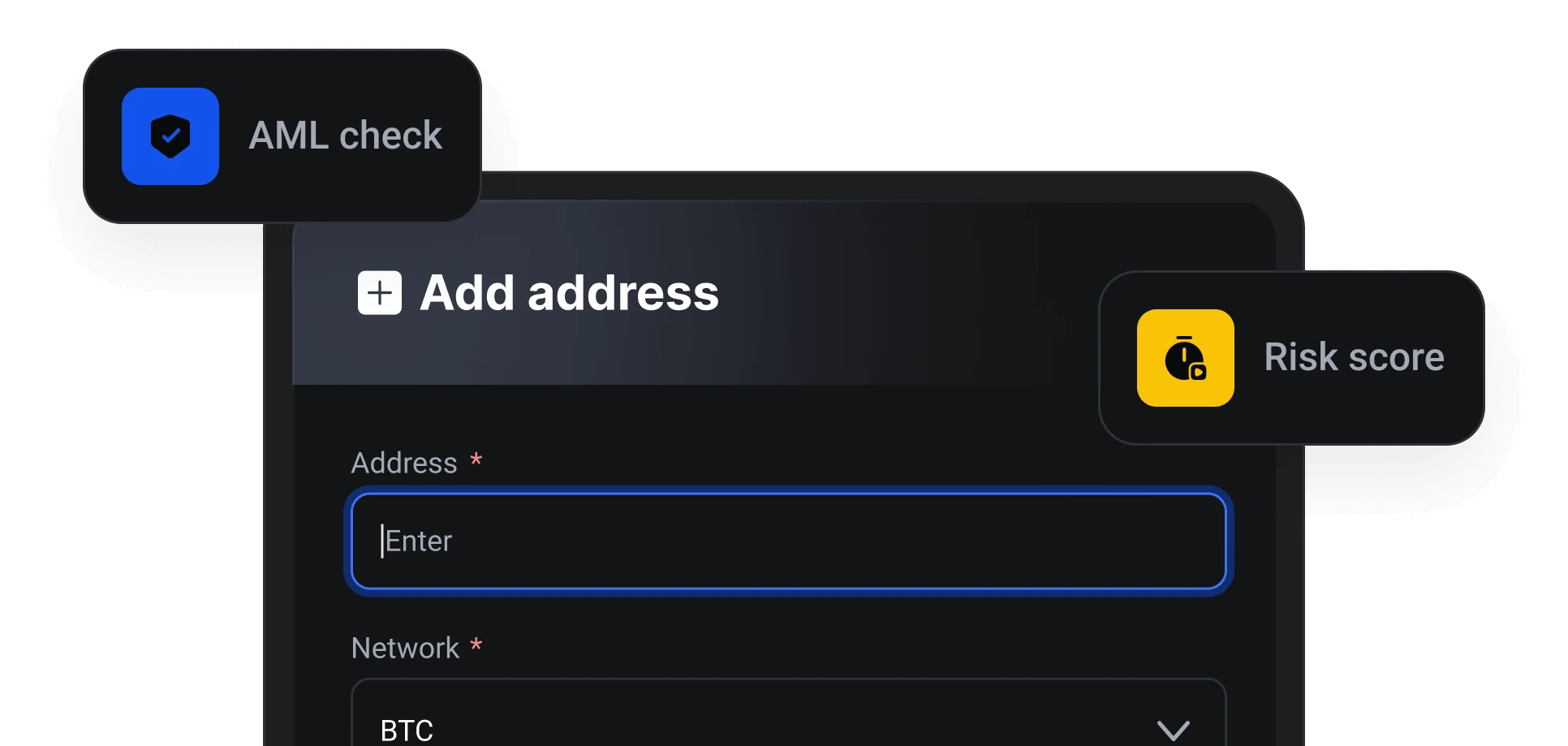 Whitely AML check interface with address entry and risk scoring
