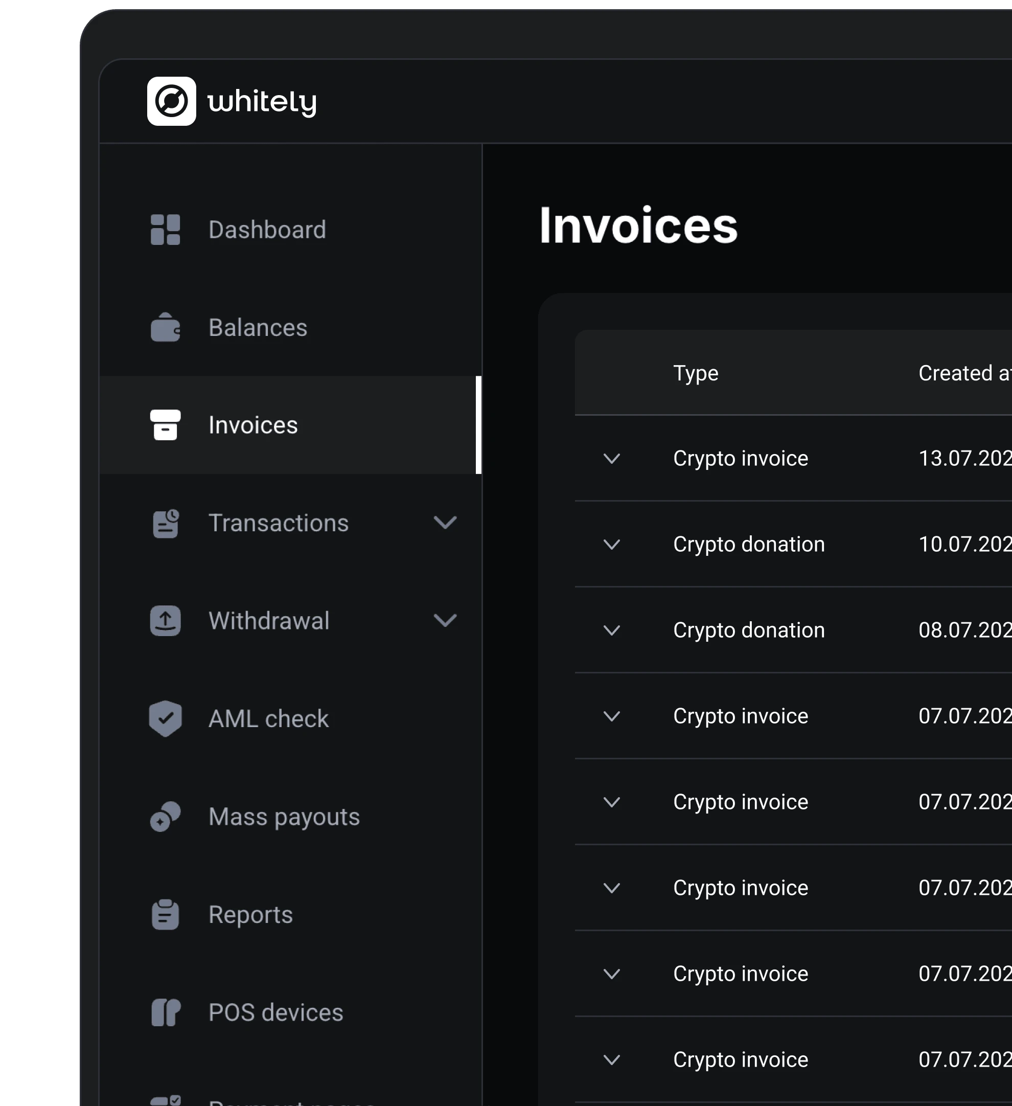 Whitely Payment Manager desktop interface showing invoices and financial operations