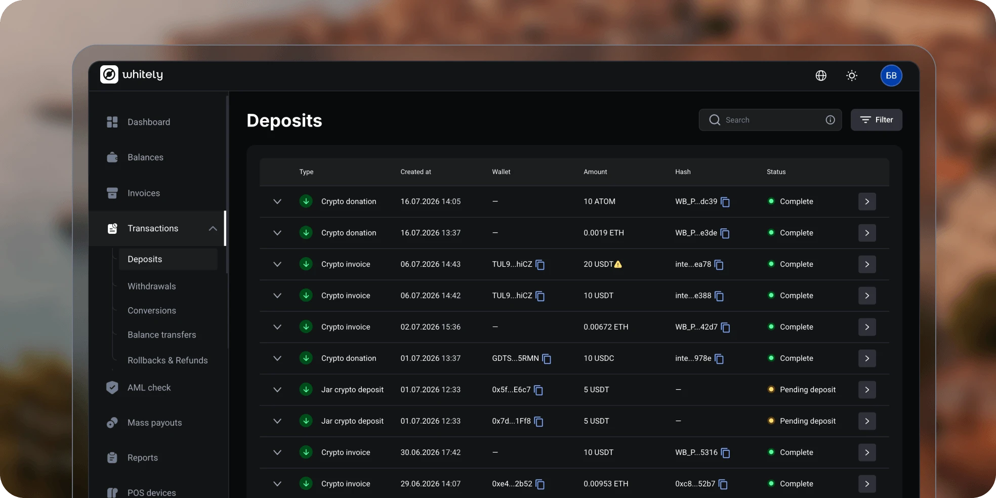 Whitely deposits interface preview for unified crypto operations